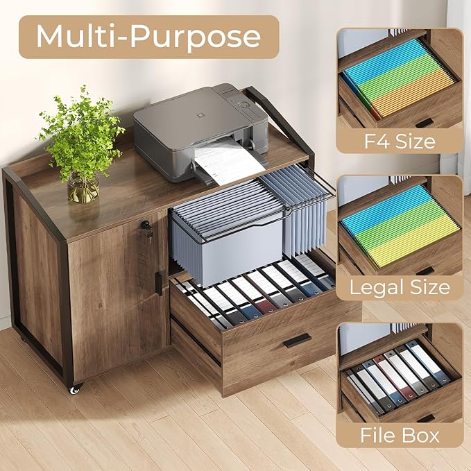 HSH Rolling File Cabinet with Lock, Mobile Lateral Filling Cabinet on Wheels, Wood Metal Printer Stand with Storage Drawer Shelf, Modern File Cabinets Fits F4 Legal for Home Office, Rustic Oak, 33Inch