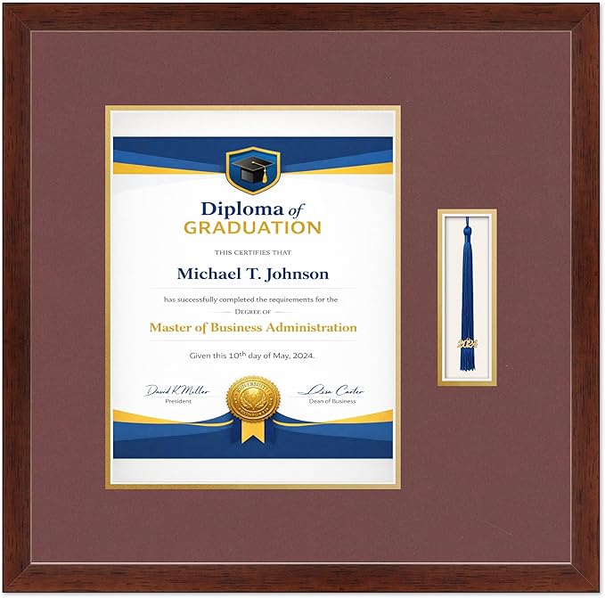 Diploma Frame with Tassel Holder Rustic Walnut Shadowbox Dark Red Over Gold Mat - Fits 10 x 13 Degree Made in the USA