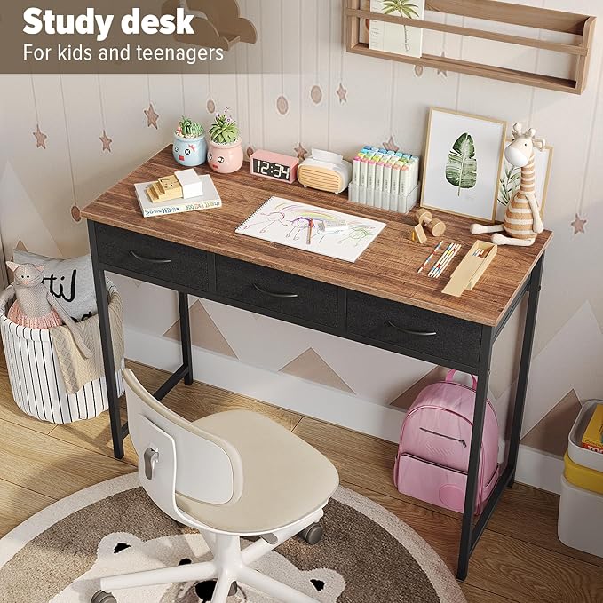 WOHOMO Computer Desk with Drawers, 39.3 Inch Small Vanity Desk with Storage, Home Office Bedroom Desk for Small Spaces, Modern Work Writing Study Gaming Tables, Rustic Brown
