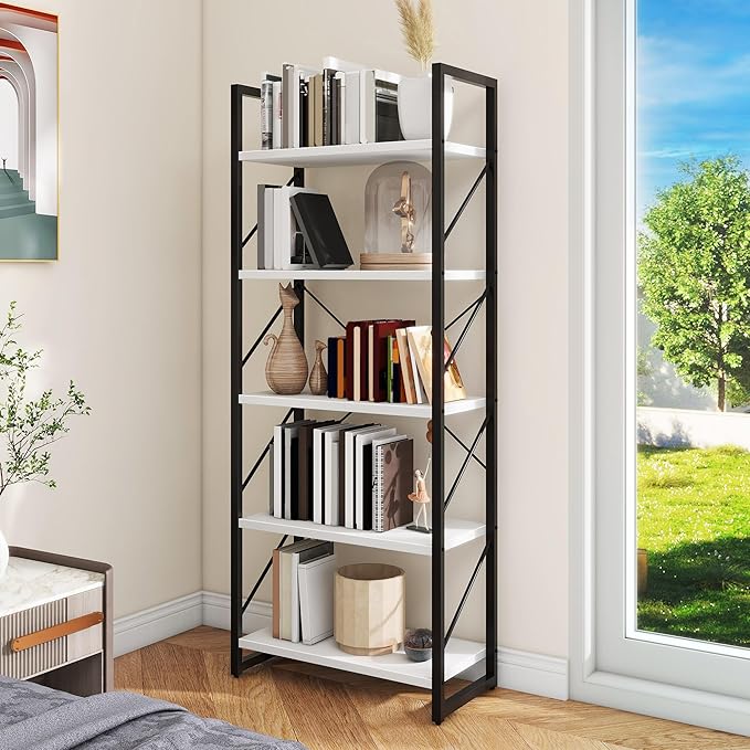 DWVO 5 Tier Bookshelf, White Bookase Storage Organizer, Modern Book Shelf Storage Rack Shelves for Bedroom, Living Room, Home Office, White