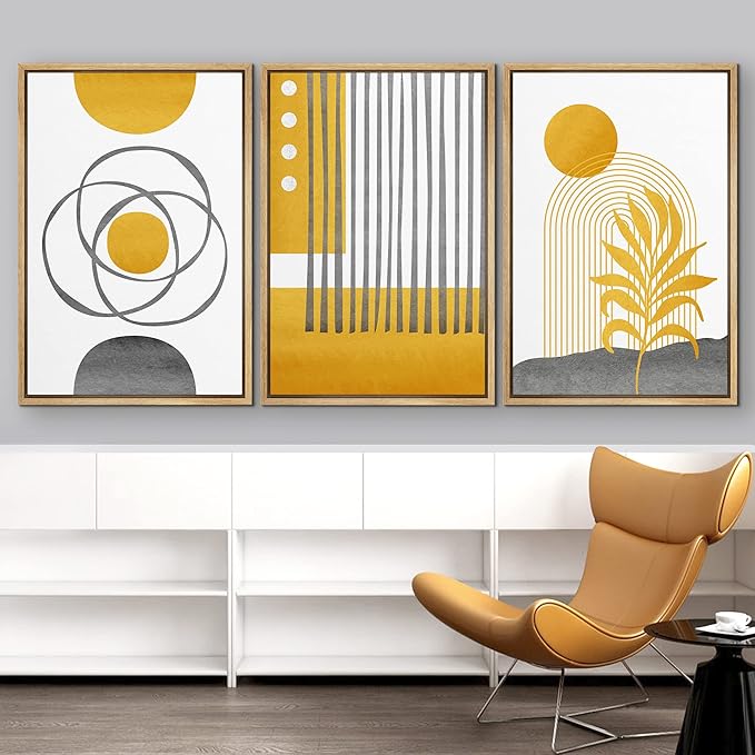 IDEA4WALL Framed Canvas Print Wall Art Set Geometric Mid-Century Gold Jungle Plant Polygons Abstract Shapes Illustrations Modern Art Nordic for Living Room, Bedroom, Office - 16"x24"x3 Natural