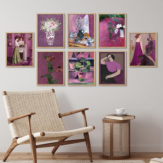 SIGNWIN Framed Poster Bathroom Decor, Wall Art Room Decor Multicolor for Living Room, Bedroom, Office Pink & Purple Female Portrait & Flowers Vintage Illustrations Bohemian - 12"x16"x 8 Natural