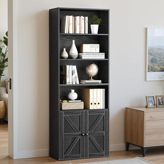 YESHOMY 6 Tier Bookcase and Bookshelf, Tall Book Shelf with Doors & Adjustable Shelves, Floor Display Storage Cabinet Home Decor for Living Room, Office, Black