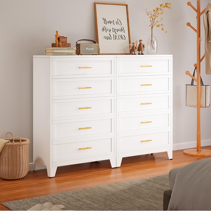Tall 5 Drawers Dresser for Bedroom, Metal Drawer Dresser Chest Organizer, Drawer Cabinet for Home Office Collection and Storage Small Size Files (White)