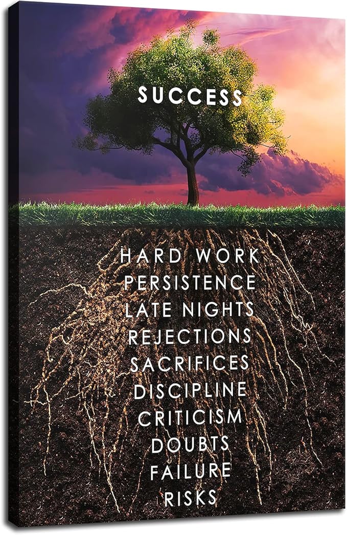 Success Tree Wall Art Inspirational Painting Canvas Inspiring Entrepreneur Quotes Picture Poster Printing Artwork Office Decoration Living Room Gym Decoration Frame Ready to Hang[24''W x 36''H]
