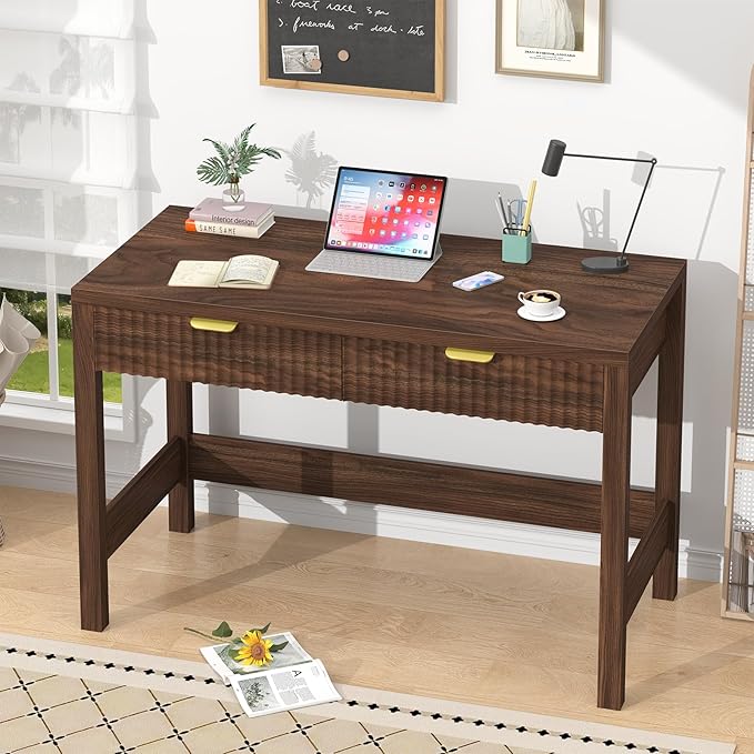 Fluted Computer Desk with 2 Drawers, 39 Inch Small Computer Desk with Storage, Compact Writing Study Desk for Small Spaces, Walnut