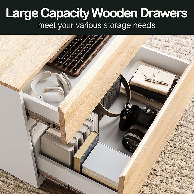 2 Drawer Lateral File Cabinet, 31W*23H Wood Filing Cabinet with Anti-tilt Mechanism, Home Office Storage Filing for Letter, A4 & Legal Size, Light Walnut