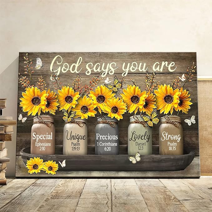 Parylore Vintage Sunflower Wall Art Canvas Christian Scripture Decor Print God Says You Are Painting Framed Modern Artwork For Living Room Bedroom Bathroom Office Home 16x24 In
