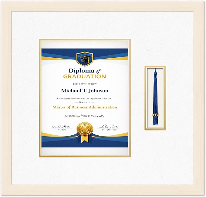 Diploma Frame with Tassel Holder Coastal Whitewash Shadowbox Oyster Shell Over Gold Mat - Fits 8.5 x 11 Degree Made in the USA