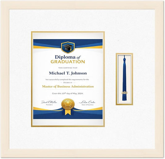 Diploma Frame with Tassel Holder Coastal Whitewash Shadowbox Oyster Shell Over Gold Mat - Fits 8.5 x 11 Degree Made in the USA