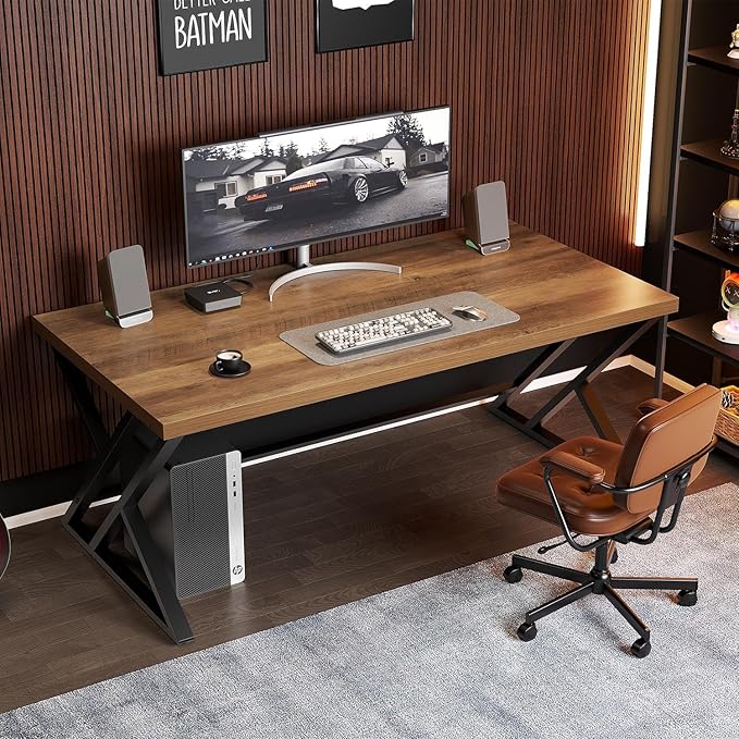 LVB Long Computer Desk, Big Industrial Home Office Desk, Large Metal Wood Writing Study Computer Table for Bedroom, Modern Executive Simple Gaming Work Desk for Student, Rustic Oak, 60 in