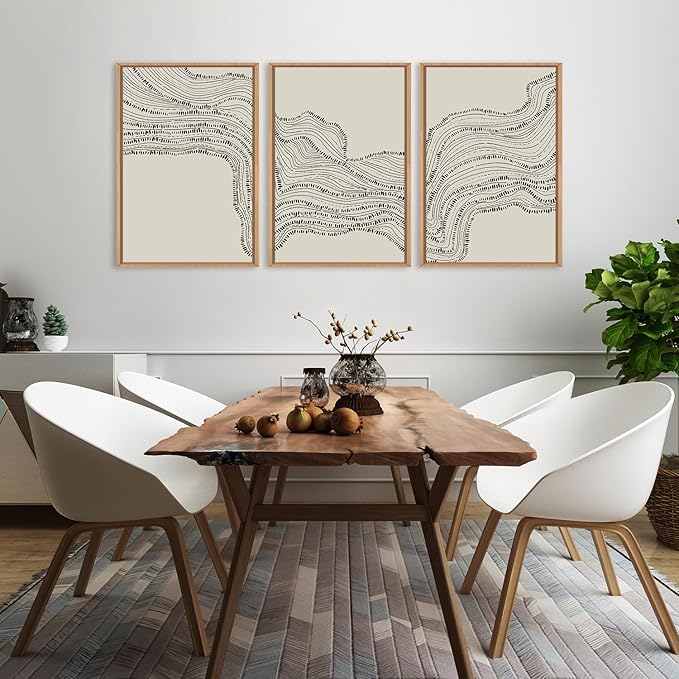 HLNIUC Neutral Abstract Framed Canvas Wall Art Set, Black Beige Wave Line Wall Decor, Large Minimalist Painting, Modern Geometric Art Print for Living Room, Bedroom, Dinning Room, Office - 16"x24"x3