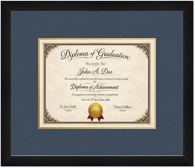 Diploma Frame Matte Black with Navy Blue Over Gold Double Mat - Fits 11 x 8.5 US Letter Certificate Wall Display Made in the USA