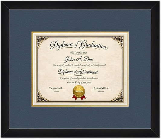 Diploma Frame Matte Black with Navy Blue Over Gold Double Mat - Fits 11 x 8.5 US Letter Certificate Wall Display Made in the USA