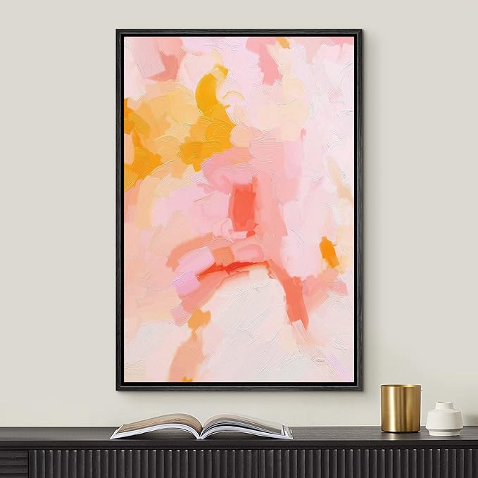 MUDECOR Framed Canvas Print Wall Art Pastel Pink & Orange Color Field Abstract Shapes Watercolor Modern Art Contemporary Multicolor Ultra for Living Room, Bedroom, Office - 16"x24" Black