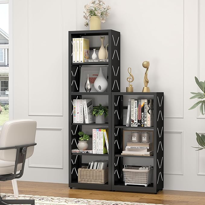 5 Tier Bookshelf, 55"Tall Metal Bookcase with Adjustable Shelves, Modern Display Book Shelf, Black Bookcase Shelf, Utility Shelf, Storage Shelves for Office, Living Room, Kitchen, Study-16"W