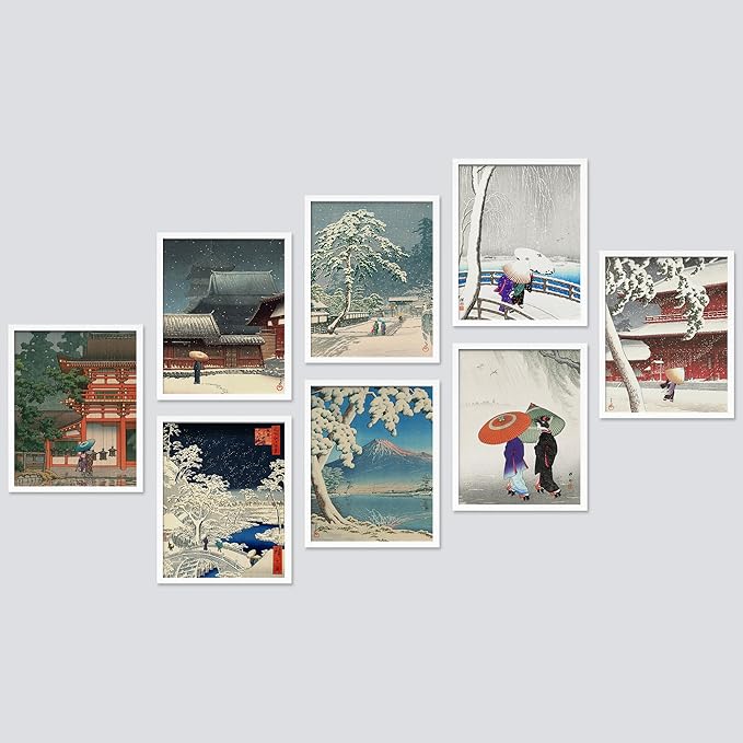 SIGNWIN Framed Poster Wall Art Set of Two Women in The Rain, Two Women in The Snow, Walking by a Temple on a Snowy Day for Living Room, Bedroom, Office - 12"x16"x 8 White