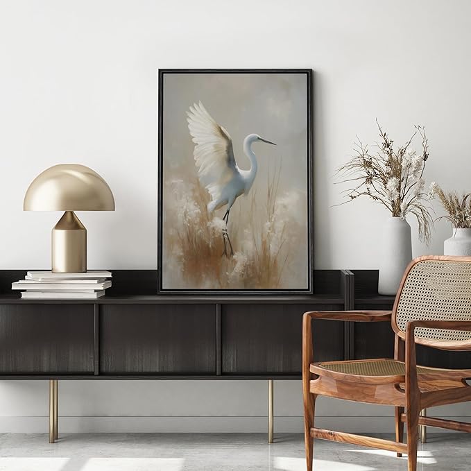 MUDECOR Framed Canvas Print Wall Art Elegant Crane in Flight Illustrations Minimalism Decorative Relax Colorful for Living Room, Bedroom, Office - 16"x24" BLACK