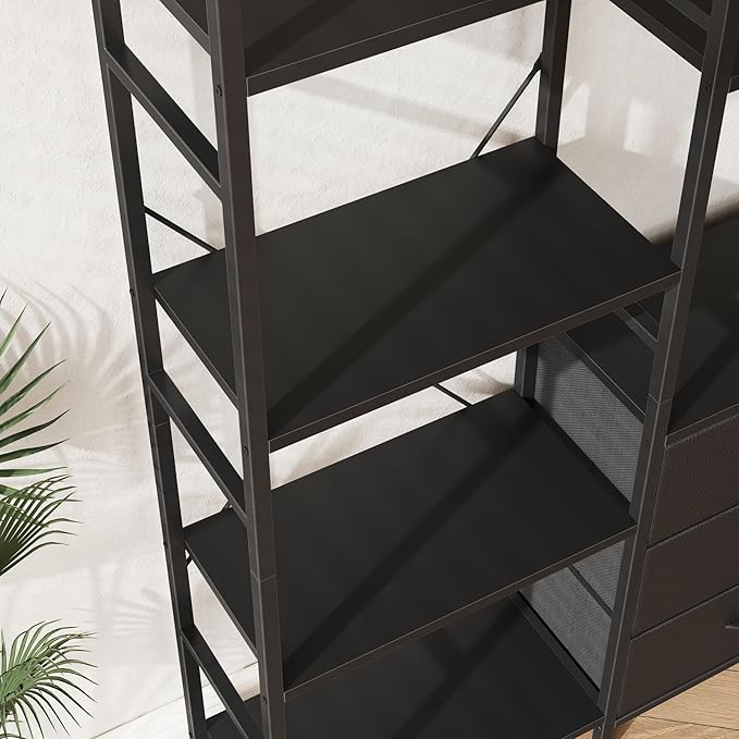 Triple Bookshelf with 3 Fabric Drawers, 5-Tier Book Shelf and 10 Display Shelves, Industrial Large Bookcase for Home & Office, Black, 47'' Wide