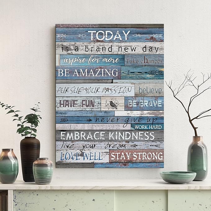 WOWGOOMO Blue Inspirational Canvas Wall Art for Office Positive Quotes Wall Decor Rustic Wood Grain Motivational Theme Poster for Bedroom Classroom Home Walls Framed Office Artwork for Men Teens 12x16