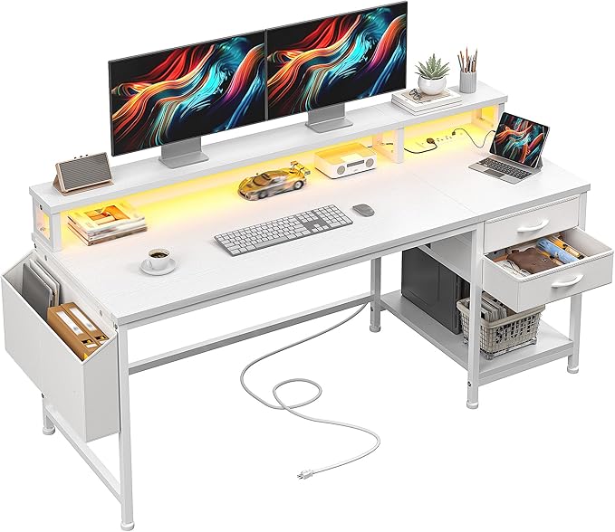 55" Gaming Desk with LED Strip, Computer Desk with Drawers & Storage Bag, Office Desks with Power Outlets & Monitor Stand, Office Desk for Bedroom, Gaming Room, White