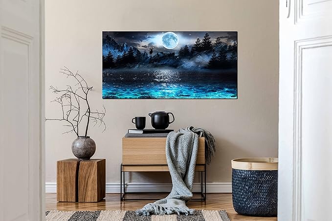 Moon Sea Ocean Wall-Art For Living Room Large Size - Blue Wall Decor For Bedroom - Forest Wall Art Ready To Hang 29" x 59"
