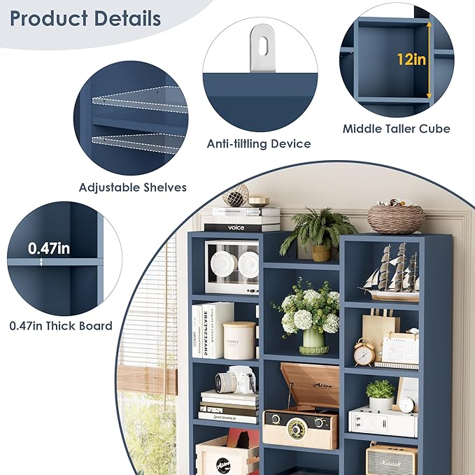FOTOSOK 71'' Tall Bookshelf with 21 Cubes, 8 Tier Triple Wide Bookshelf with 8 Adjustable Shelves, 35" Large Bookcase DVD/CD Media Tower Storage, Freestanding Display Shelf Cabinet, Blue
