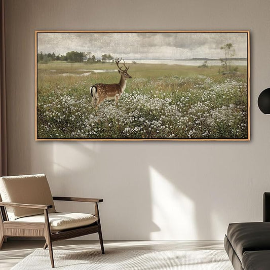 Vintage Wall Art for Living Room Farmhouse Wall Art, Country Wall Decor, Deer Art - Rustic Nature Canvas, Large Landscape Pictures for Bedroom Framed Artwork for Walls 24×48IN