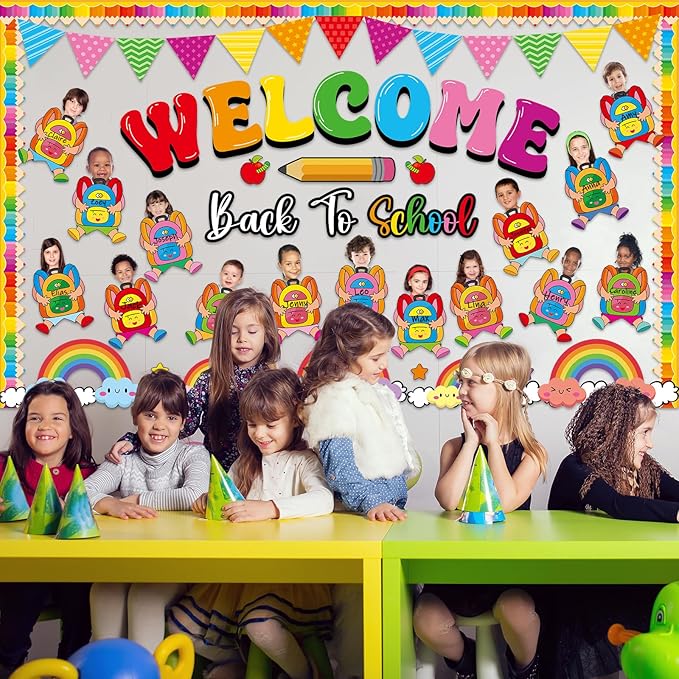 gisgfim Welcome Back to School Bulletin Board Decorations Set Schoolbag Paper Cutouts Colorful Cartoon Backpack Classroom DIY Photo Craft Bulletin Board Decor for Preschool Home Door Chalkboard Wall