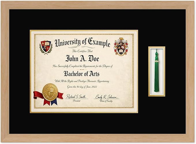 CountryArtHouse Diploma and Tassel Frame Fits 13 x 10 College Diploma (Traditional) with Tassel Natural Wood Genuine Hardwood Shadowbox with Black Over Metallic Gold Double mat