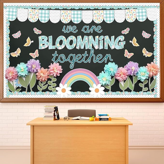 Summer Spring Bulletin Board Decorations Flower Bulletin Board Set with 3D Tissue Paper Pompoms Butterfly Cutouts We are Blooming Together Floral Decor for School Classroom Home Chalkboard Wall