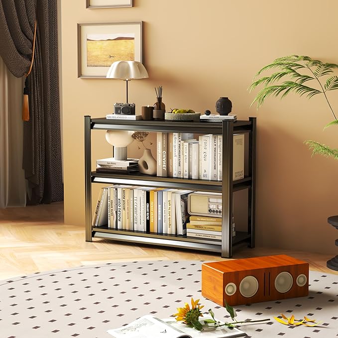 28" W*32" H Book Shelf，3 Tier Metal Wide Bookshelf，Heavy Duty Book Shelfs，Adjustable Shelving Unit，Short Bookcase，Industrial Bookshelf for Living Room，Bedroom，Office and Library