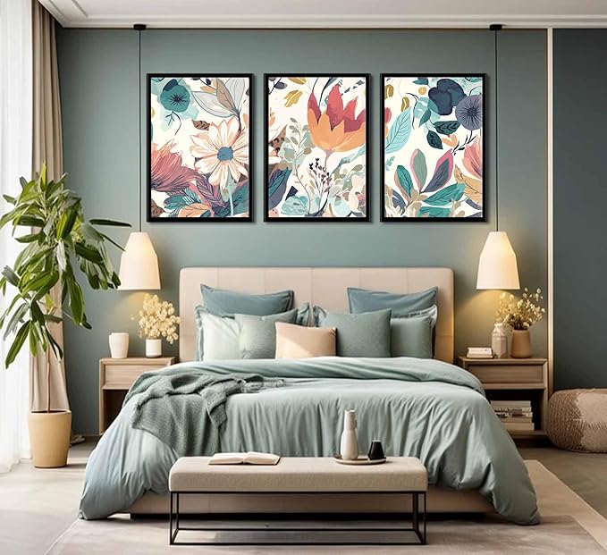 3 Pcs Boho Wild Flowers Canvas Wall Art Neutral Watercolor Boho Abstract Floral Botanical Painting Picture Wall Decor Poster Print Artwork for Living Room Bedroom Home Decoration Unframed