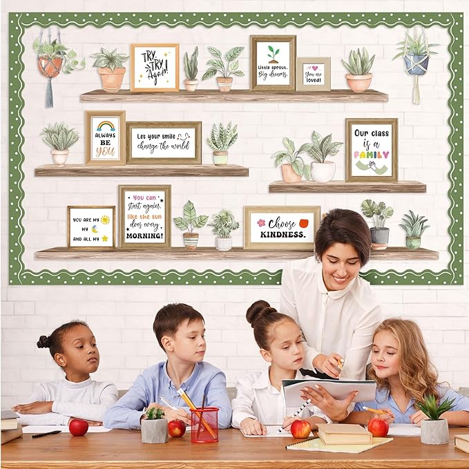 Pajean Bookshelf Bulletin Board Plant Motivational Positive Classroom Decoration Greenery Potted Cutouts for Back to School First Day Window Door Wall Elementary Preschool Teacher Supplies