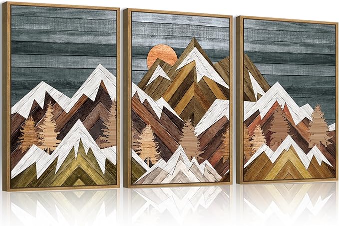 BINCUE Large Rustic Mountain Canvas Wall Picture,Boho Mountain Framed Wall Art,Vintage Landscape Artwork Nature Woodcut,Beige Sunrise Forest Art Prints for Office Living Room Bedroom 16''x24'' Set of 3