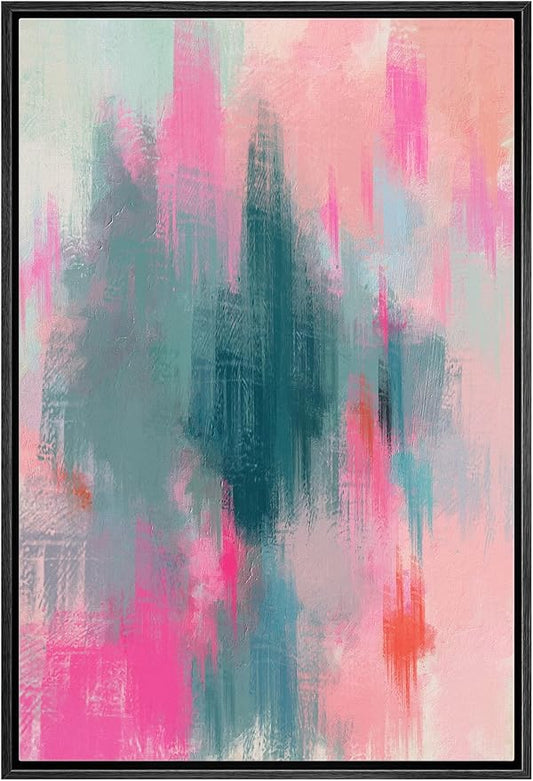MUDECOR Framed Canvas Print Wall Art Neon Pink Blue Watercolor Collage Abstract Shape Illustrations Modern Art Decorative Bohemian Colorful Chic for Living Room, Bedroom, Office - 16"x24" Black