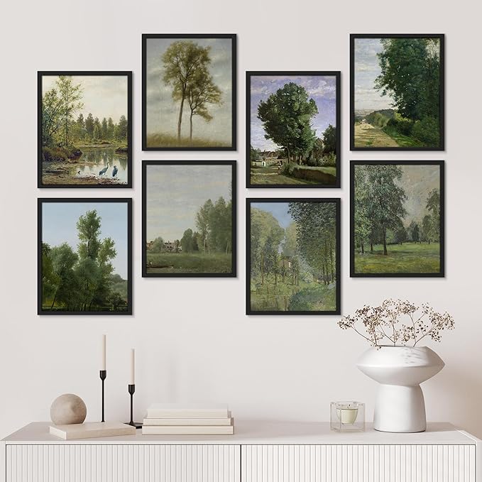 SIGNWIN Framed Poster Bathroom Decor, Wall Art Room Decor Multicolor for Living Room, Bedroom, Office Rustic Green Forest Tree Landscapes Classic Vintage Illustrations Bohemian - 12"x16"x 8 Black