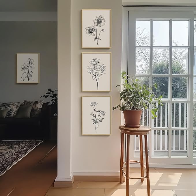 Framed Minimalist Black and White Floral Wall Art, 4 Piece Neutral Rustic Botanical Canvas Artwork for Modern Farmhouse, Vintage Flower Painting Prints for Living Room Bedroom Kitchen Wall Decor,12x16