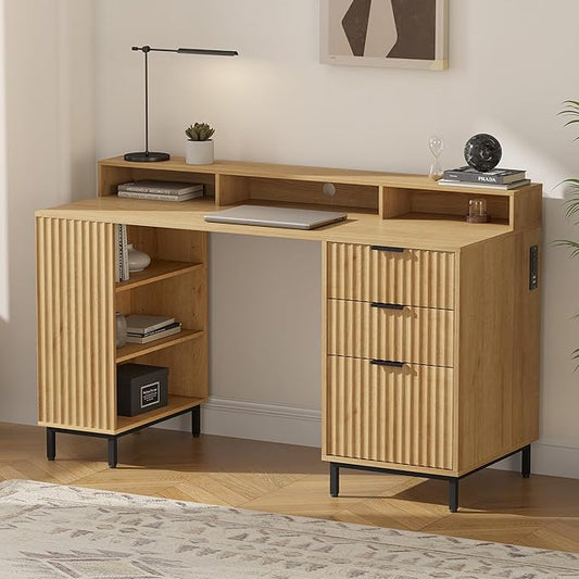 Fluted Executive Desk with Charging Station, 55" Modern Wood Office Desk with Monitor Stand & File Drawer, Home Writing Study Computer Table for Work Study, Natural Oak