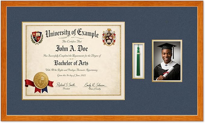 Diploma Tassel and Photo Shadowbox Fits 17 x 13 International Diploma with Tassel Hook an Honey Oak Genuine Hardwood with Navy Blue Over Metallic Gold Double mat