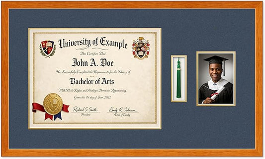 Diploma Tassel and Photo Shadowbox Fits 17 x 13 International Diploma with Tassel Hook an Honey Oak Genuine Hardwood with Navy Blue Over Metallic Gold Double mat