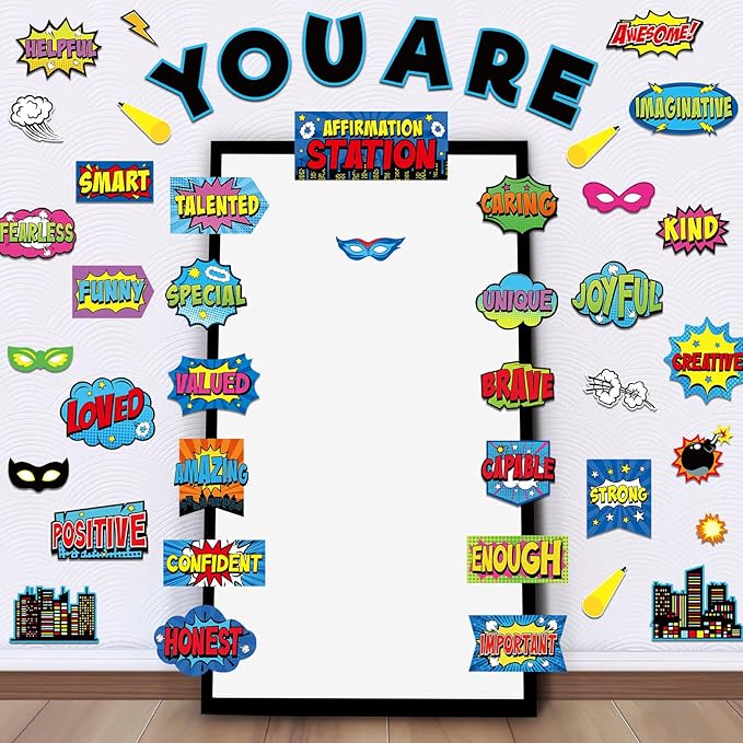 45 Pcs Hero Affirmation Station Bulletin Board Set Motivational Posters Classroom Mirror Growth Mindset Decor Positive Affirmations Accents Cutouts for School Office Home Teacher Wall