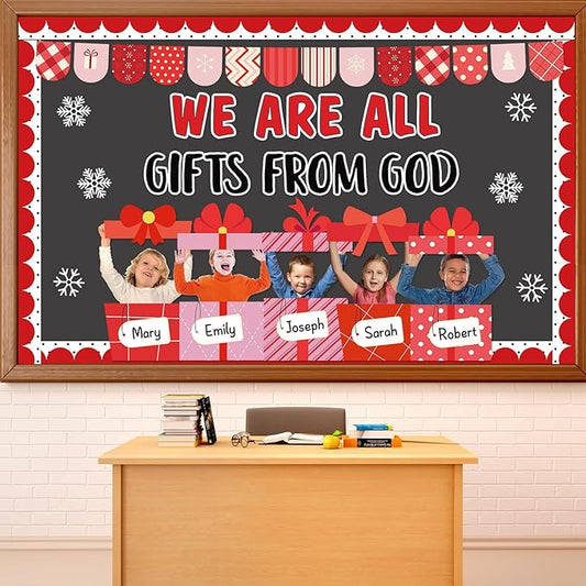 Christmas Bulletin Board Decoration Set Christmas WE are All Gifts from God Classroom Bulletin Board Decor DIY Photo Religious Christian Xmas Gift Boxes Name Labels Cutouts for School Chalkboard Wall