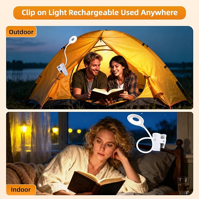 Desk Lamp LED Clip on Light, 5 Modes 5 Brightness Dimmable Clamp Lamp, Flexible Rechargeable Battery Clip on Reading Light for Bed Headboard Bunk Bed at Night for Kids (White)