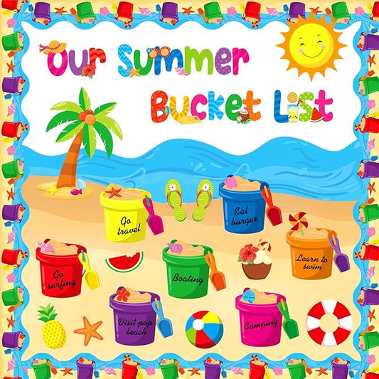 Faccito 57 Pcs Summer Bulletin Board Decorations Set Our Summer Bucket List Classroom Decor Hawaii Sun Beach Bucket Paper Cutouts with Borders for Home School Hawaiian Tropical Party Supplies