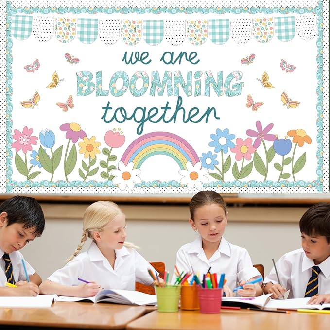 70PCS Spring Classroom Bulletin Board Decorations Flower Bulletin Board Set We are Blooming Together Floral Butterfly Bulletin Board Rainbow Cutouts for School Office Home Wall Decor