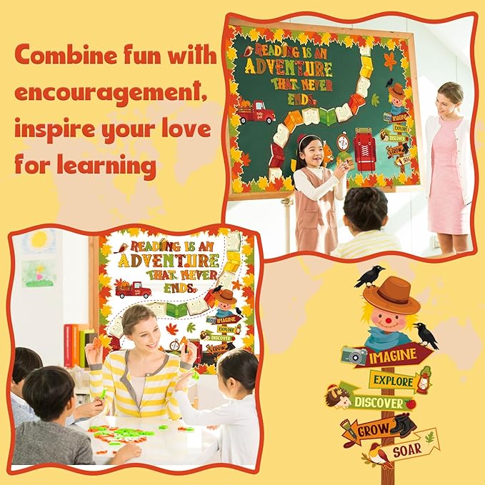 Pasimy 59 Pcs Fall Thanksgiving Reading Bulletin Board Fall Reading is an Adventure Bulletin Board Classroom Decoration Maple Leaves Paper Cutouts for Autumn Thanksgiving Chalkboard Wall Decor(Road)