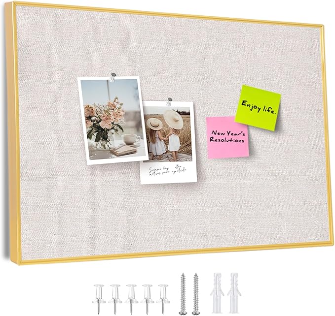 Bulletin Board with Golden Aluminum Frame, Oatmeal White Fabric Cork Board for Walls, 17 x 13 inches Pin Board with Push Pins for Office Home(G-AL,Fabric,4333)