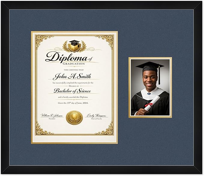 CountryArtHouse Fits 10 x 13 College Diploma (Portrait Traditional) and 5 x 7 Diploma and Photo Frame Matte Black Genuine Hardwood with Navy Blue Over Metallic Gold Double mat
