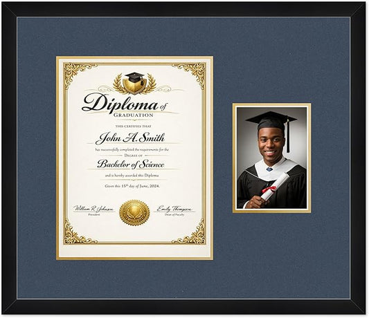CountryArtHouse Fits 10 x 13 College Diploma (Portrait Traditional) and 5 x 7 Diploma and Photo Frame Matte Black Genuine Hardwood with Navy Blue Over Metallic Gold Double mat